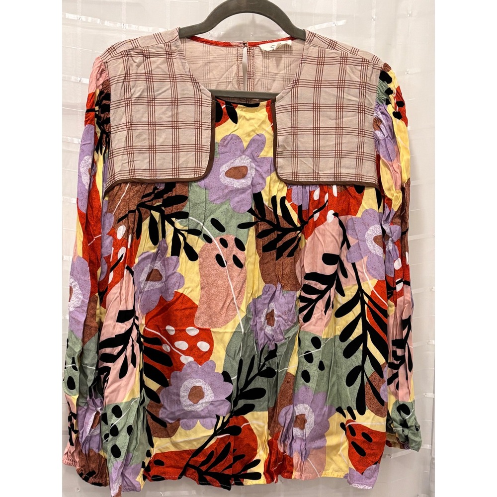 Easel Los Angeles Mixed Media Floral Plaid Blouse Top 1X Multicolor Boho